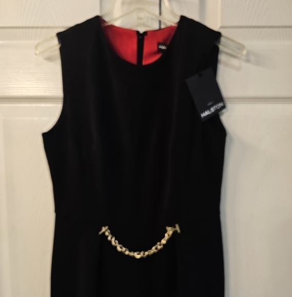 NWT Halston Black Wide Leg Gold Chain Waist Detail Junpsuit Size 4 - Picture 9 of 10